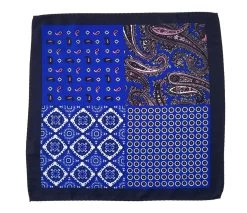 100% Silk Pocket Square - Navy & Pink Paisley & Royal Blue Medallion Design 12.5 X 12.5 -Fashionable Costume 001 27 5 85369.1609426927