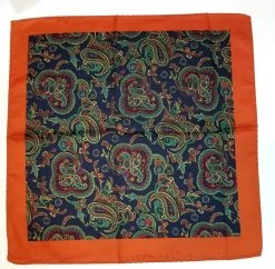 100% Silk Pocket Square - Navy & Green Paisleys With Orange 12.5 X 12.5 -Fashionable Costume 02 2 72815.1603169407