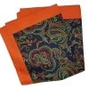 100% Silk Pocket Square - Navy & Green Paisleys With Orange 12.5 X 12.5
