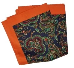 100% Silk Pocket Square - Navy & Green Paisleys With Orange 12.5 X 12.5