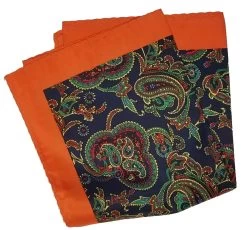 100% Silk Pocket Square - Navy & Green Paisleys With Orange 12.5 X 12.5 -Fashionable Costume 02 63947.1603169408