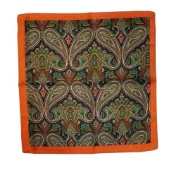 100% Silk Pocket Square - Orange With Navy & Green Paisleys 12.5 X 12.5 -Fashionable Costume 05 2 35123.1603164531