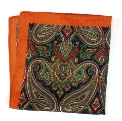 100% Silk Pocket Square - Orange With Navy & Green Paisleys 12.5 X 12.5 -Fashionable Costume 05 03076.1603164531