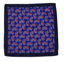 100% Silk Pocket Square - Royal Blue With Big Red Paisleys 12.5 X 12.5 -Fashionable Costume 16 02 40191.1603481803