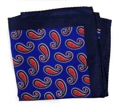 100% Silk Pocket Square - Royal Blue With Big Red Paisleys 12.5 X 12.5