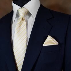 Luciano Ferritti Silk Tie W/Pocket Square - Yellow & Ivory Stripes