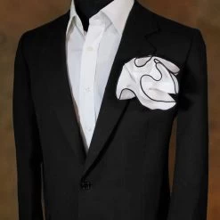100% Cotton White 2-in-1 Pouf Round Pocket Square With Black Trim