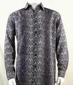 Bassiri Dark Grey Muted Abstract Design Long Sleeve Camp Shirt