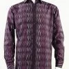 Bassiri Raspberry Crosshatch Pattern Long Sleeve Camp Shirt