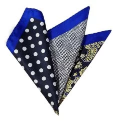 100% Silk Pocket Square Navy Blue Polka Dots With Yellow Paisleys 12.5in