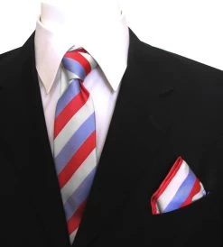 Antonia Silk Tie W/Pocket Square - Red, White & Blue Stripe
