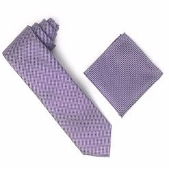 Antonia 100% Silk Tie W/Pocket Square - Purple & Silver Abstract Micro Pattern