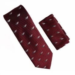 Antonia 100% Silk Tie W/Pocket Square - Burgundy & Silver Abstract Pattern