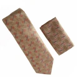 Antonia 100% Silk Tie W/Pocket Square - Tan & Copper Tone With Abstract Fan Design