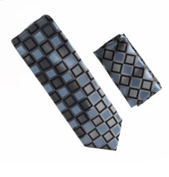 Antonia 100% Silk Tie W/Pocket Square - Dark Grey With Blue Box Design