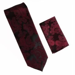 Antonia 100% Silk Tie W/Pocket Square - Dark Burgundy Paisley
