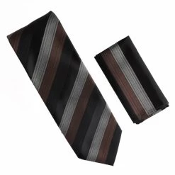 Antonia 100% Silk Tie W/Pocket Square - Black, Brown & Charcoal Stripes