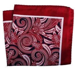 100% Silk Pocket Square - Dark Red Baroque Scroll Design 12.5 X 12.5