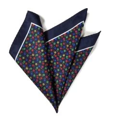 100% Silk Pocket Square - Navy With Petite Multi-Colored Flowers 12.5in