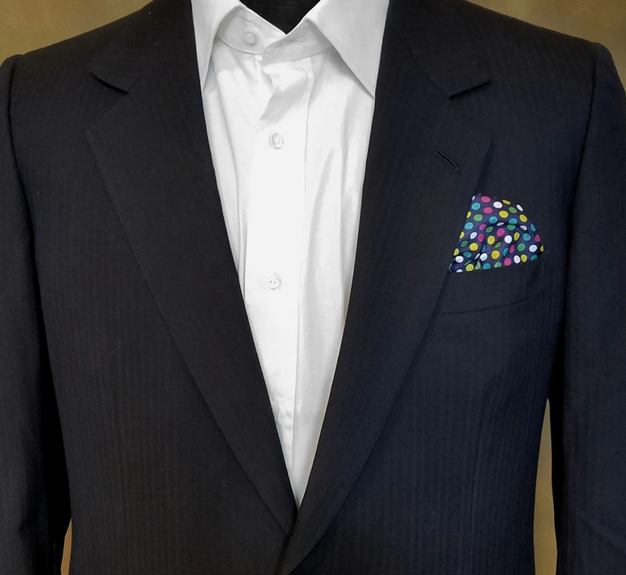 Silk Blend Pocket Square - Navy Blue Colorful Polka Dots Design 12.5 In 3 Silk Blend Pocket Square - Navy Blue Colorful Polka Dots Design 12.5 In - Image 3