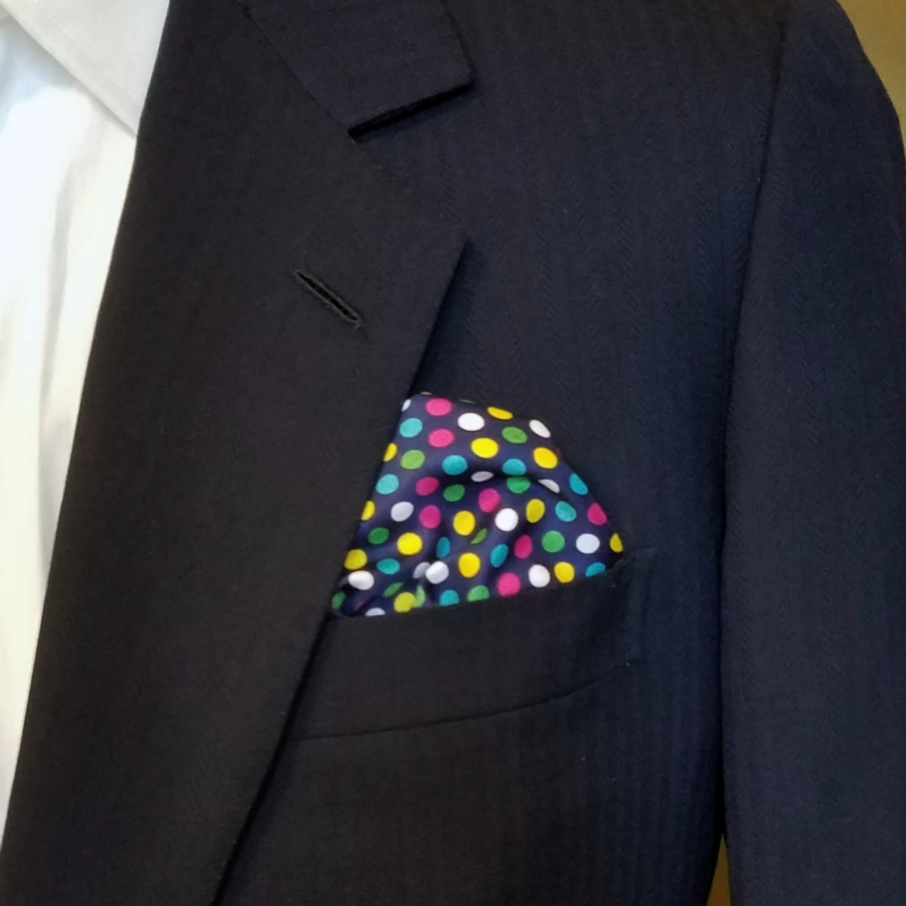 Silk Blend Pocket Square - Navy Blue Colorful Polka Dots Design 12.5 In 5 Silk Blend Pocket Square - Navy Blue Colorful Polka Dots Design 12.5 In - Image 5