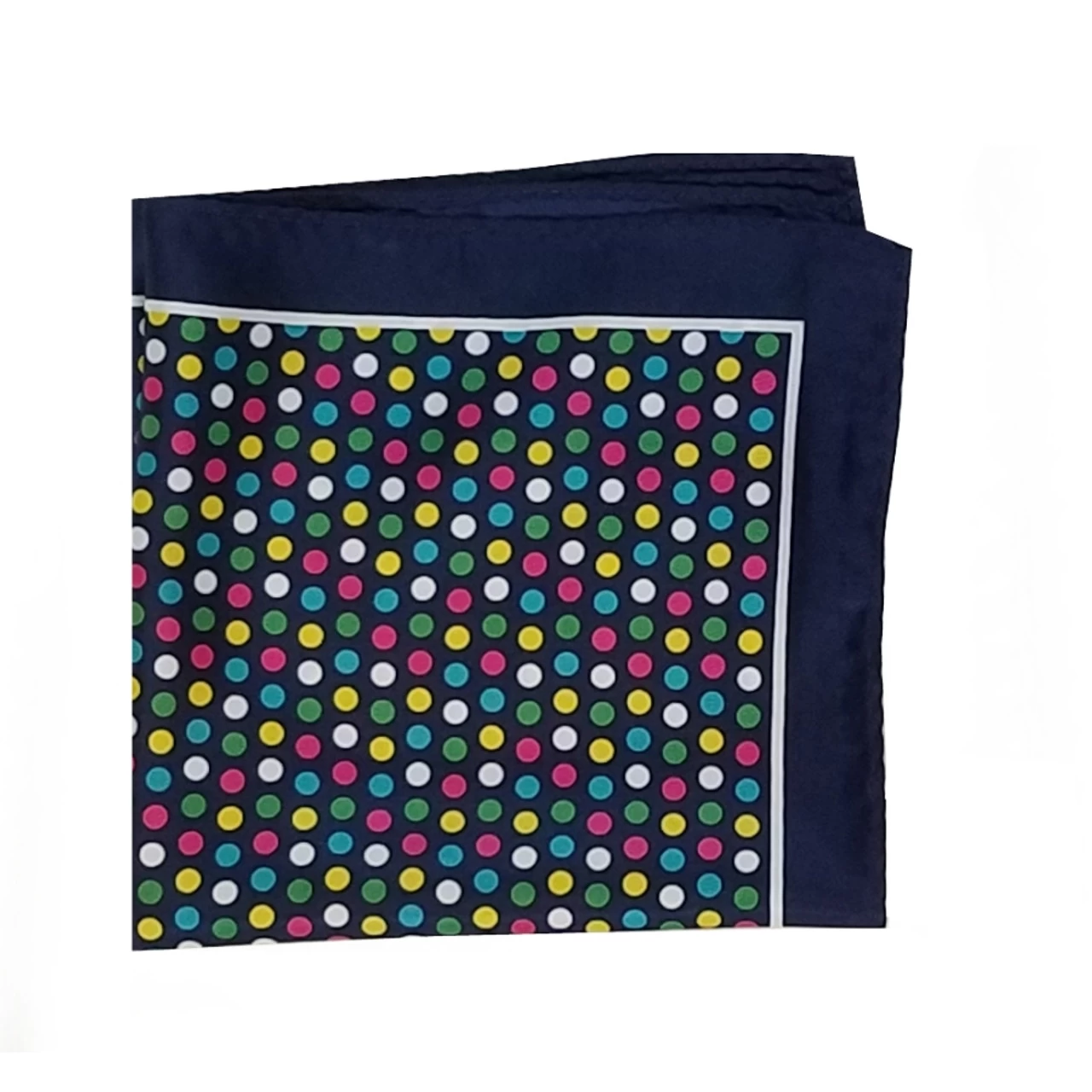 Silk Blend Pocket Square - Navy Blue Colorful Polka Dots Design 12.5 In 2 Silk Blend Pocket Square - Navy Blue Colorful Polka Dots Design 12.5 In - Image 2