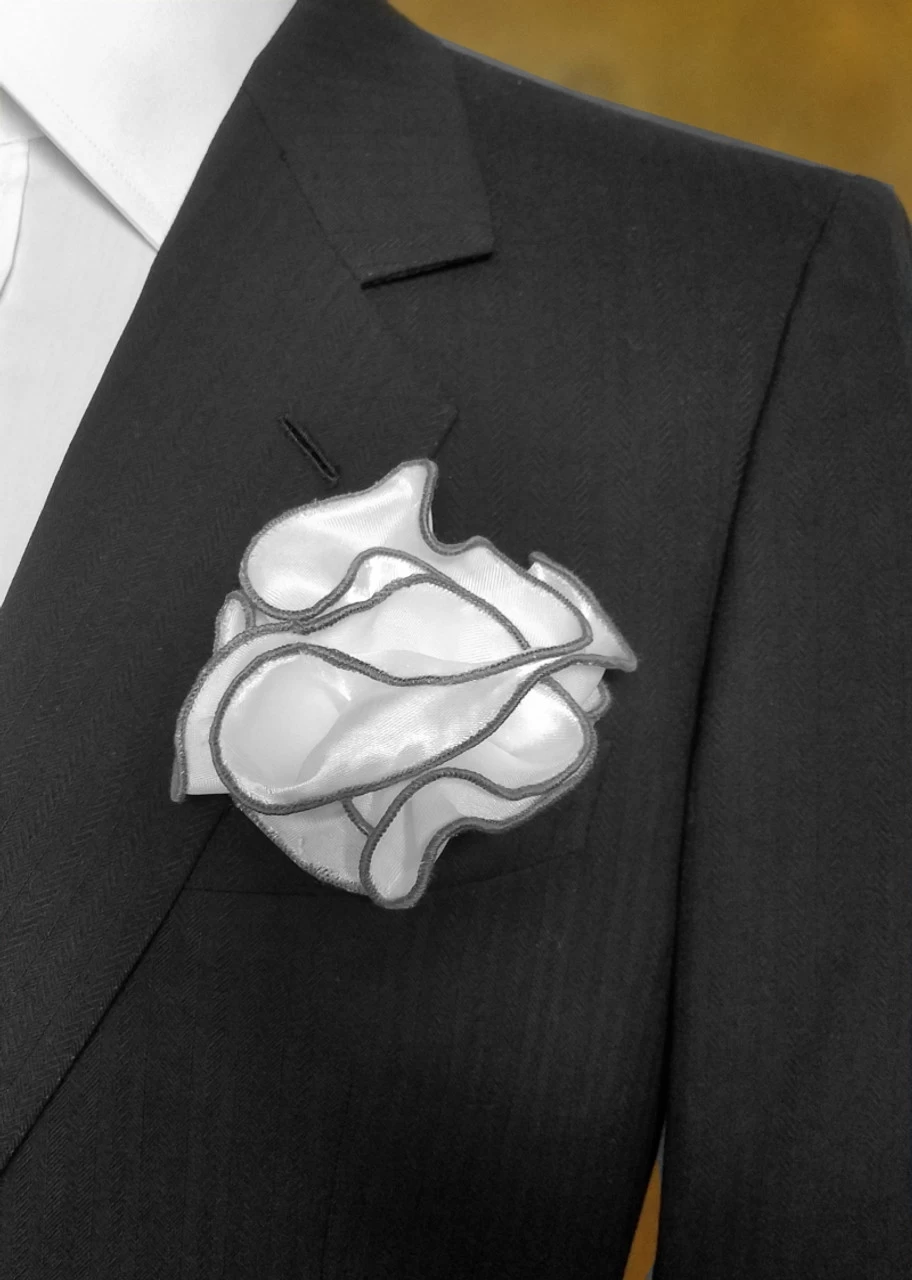 Antonio Ricci 2-in-1 Pouf Round Pocket Square - Grey On White 2 Antonio Ricci 2-in-1 Pouf Round Pocket Square - Grey On White - Image 2