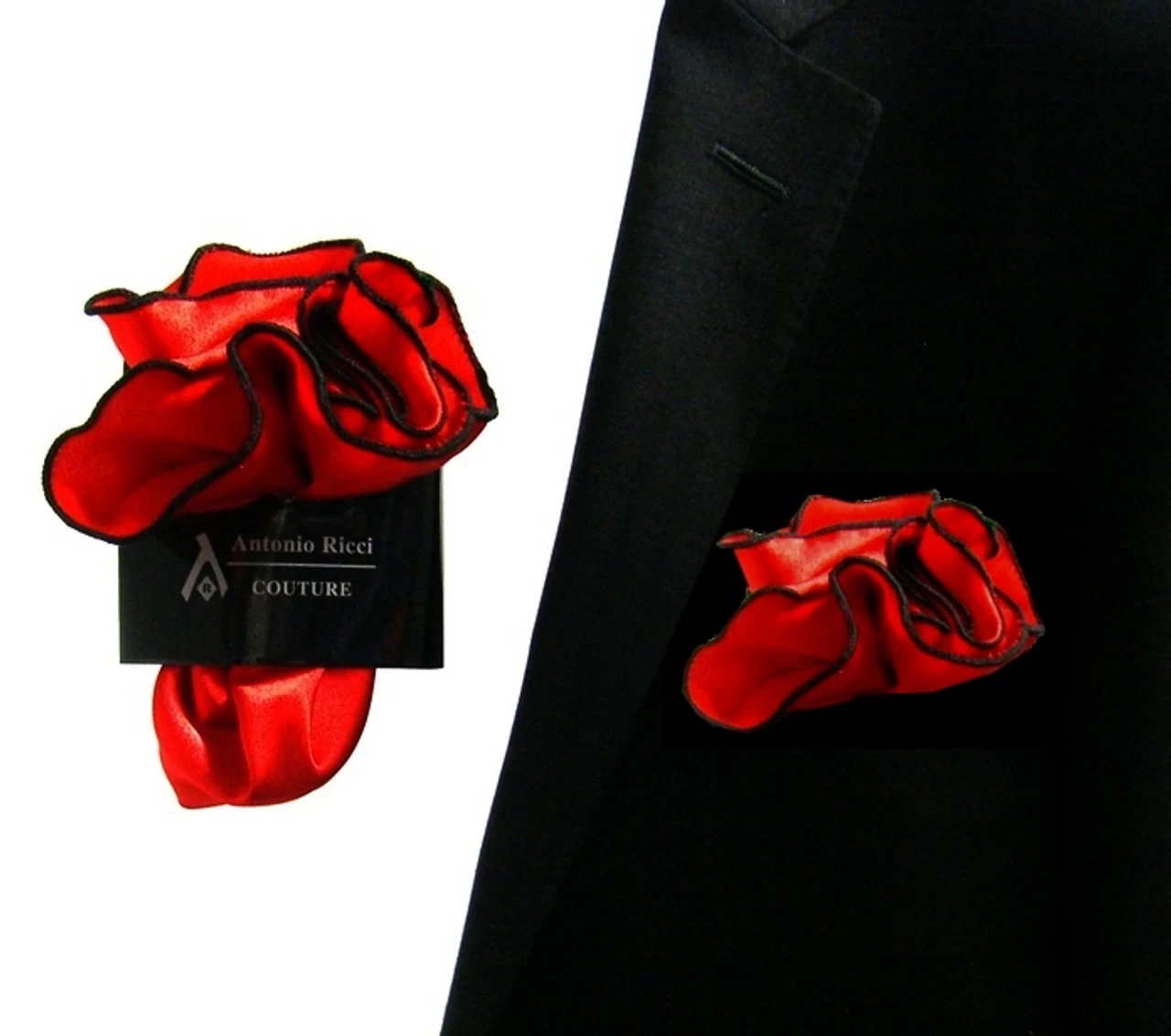 Antonio Ricci 2-in-1 Pouf Round Pocket Square - Black Trim On Red 2 Antonio Ricci 2-in-1 Pouf Round Pocket Square - Black Trim On Red - Image 2