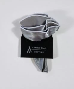 Antonio Ricci 2-in-1 Pouf Round Pocket Square - White On Platinum Grey 9 Antonio Ricci 2-in-1 Pouf Round Pocket Square - White On Platinum Grey -Fashionable Costume AR PKS HR 260 3 38182.1591825308