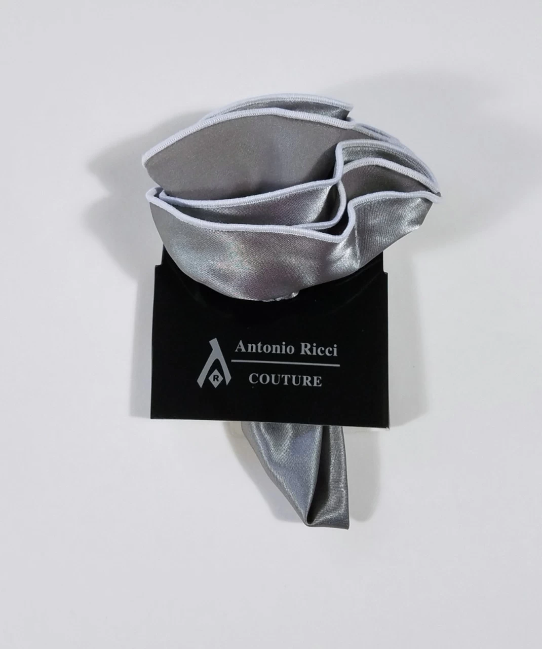 Antonio Ricci 2-in-1 Pouf Round Pocket Square - White On Platinum Grey 5 Antonio Ricci 2-in-1 Pouf Round Pocket Square - White On Platinum Grey - Image 5