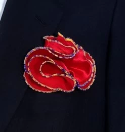 Antonio Ricci 2-in-1 Pouf Round Pocket Square - Multi-Color Trim On Red