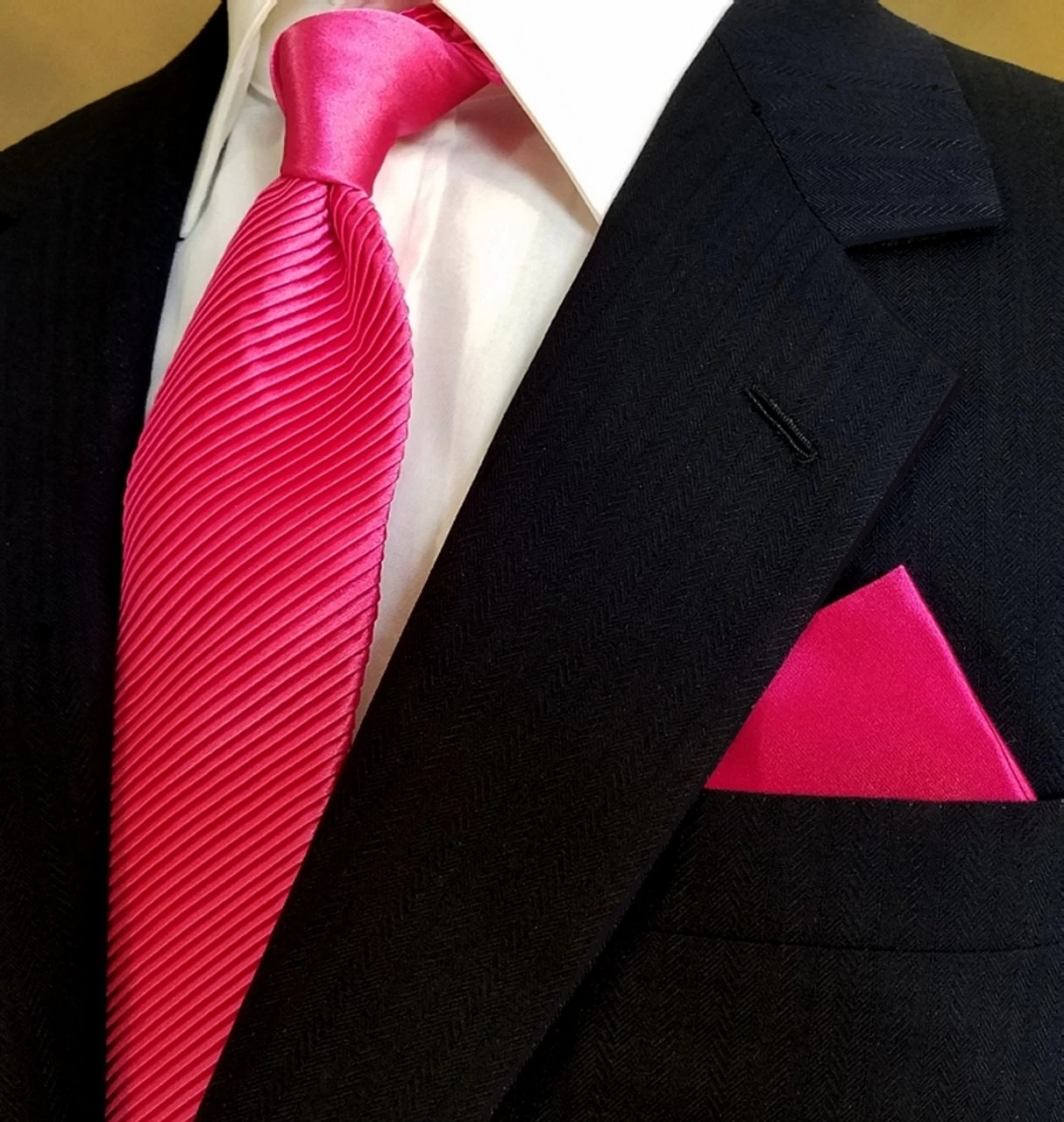 Antonio Ricci Diagonal Pleated Tie With Pocket Square - Fuchsia Pink 1 Antonio Ricci Diagonal Pleated Tie With Pocket Square - Fuchsia Pink