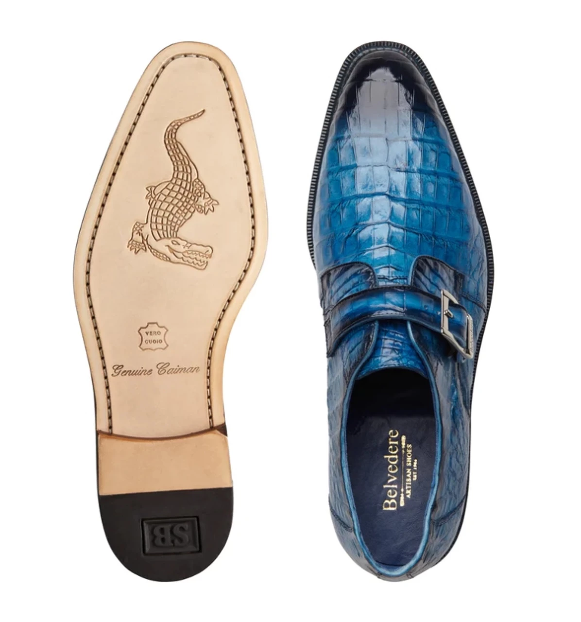 Belvedere Genuine Caiman Crocodile Monk Strap Dress Shoe - Blue 2 Belvedere Genuine Caiman Crocodile Monk Strap Dress Shoe - Blue - Image 2
