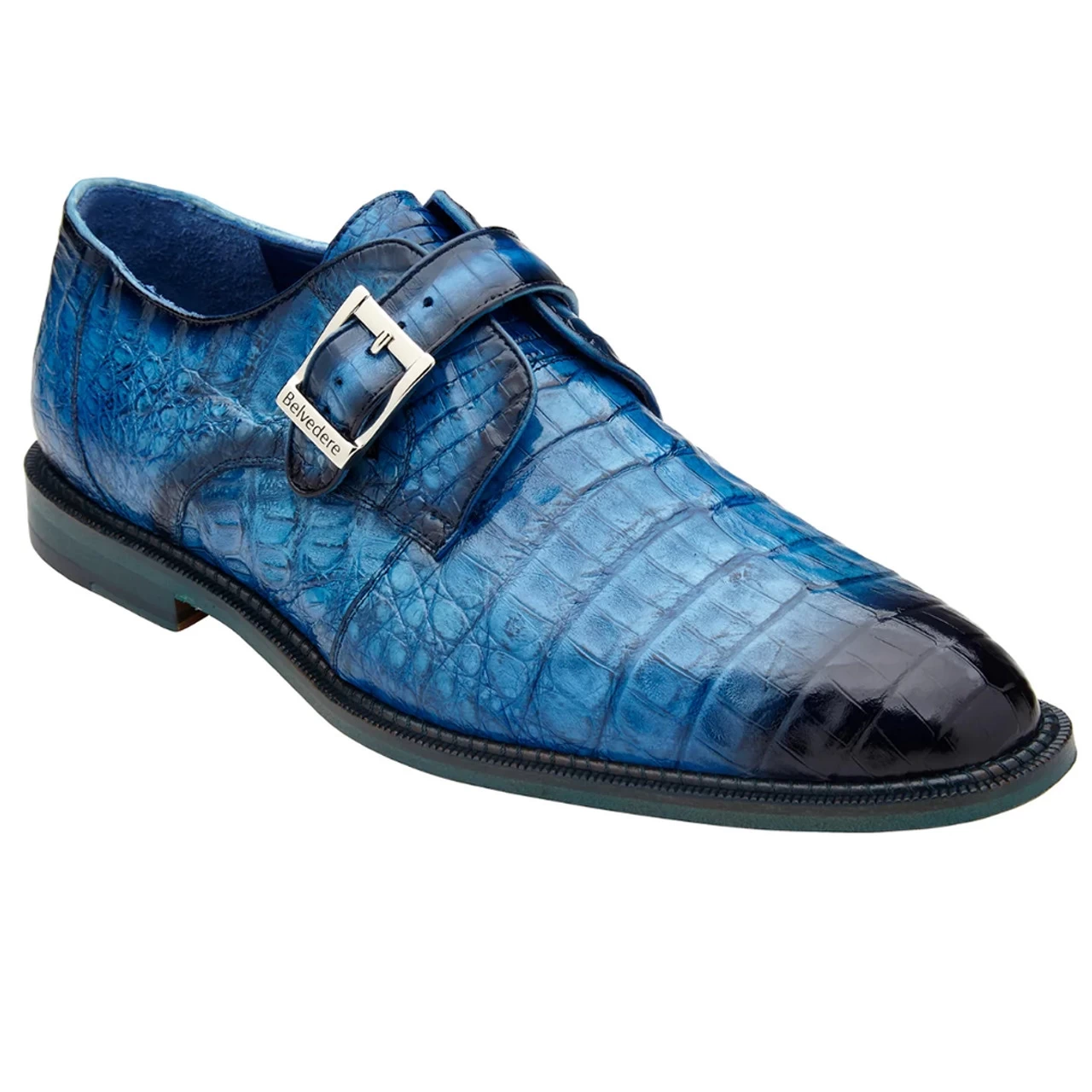 Belvedere Genuine Caiman Crocodile Monk Strap Dress Shoe - Blue 1 Belvedere Genuine Caiman Crocodile Monk Strap Dress Shoe - Blue