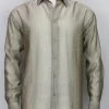 Bassiri Tan Stripe Waffle Design Long Sleeve Camp Shirt