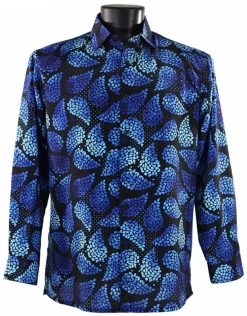 Bassiri Long Sleeve Camp Shirt - Royal Blue & Black Fancy Paisley Design