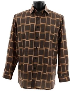 Bassiri Long Sleeve Camp Shirt - Large Basket Weave Pattern - Brown & Copper