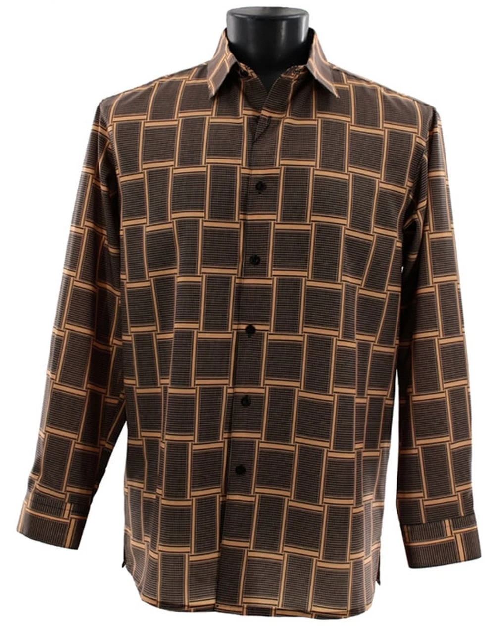 Bassiri Long Sleeve Camp Shirt - Large Basket Weave Pattern - Brown & Copper 1 Bassiri Long Sleeve Camp Shirt - Large Basket Weave Pattern - Brown & Copper