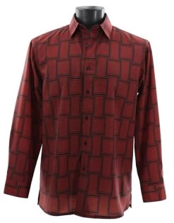Bassiri Long Sleeve Camp Shirt - Large Basket Weave Pattern - Burgundy