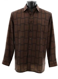 Bassiri Long Sleeve Camp Shirt - Large Basket Weave Pattern - Brown