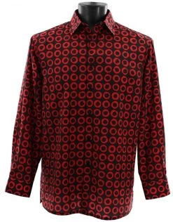Bassiri Red Circles On Black Long Sleeve Camp Shirt