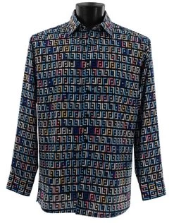 Bassiri Long Sleeve Camp Shirt - Blue Festive Block Design