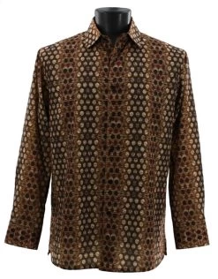 Bassiri Long Sleeve Camp Shirt - Brown Multiple Circles Design