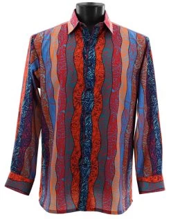 Bassiri Bright Wavy Line Mix Design Long Sleeve Camp Shirt