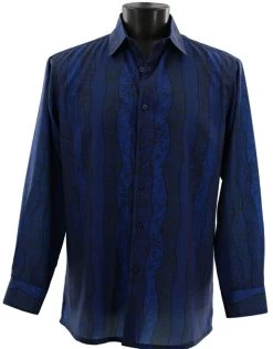 Bassiri Dark Blue Wavy Line Mix Design Long Sleeve Camp Shirt