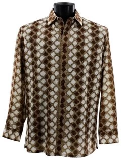 Bassiri Brown Abstract Diamonds Long Sleeve Camp Shirt