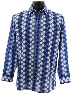 Bassiri Blue Abstract Diamonds Long Sleeve Camp Shirt