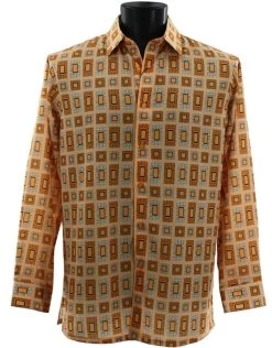 Bassiri Long Sleeve Camp Shirt - Orange Rectangle Design