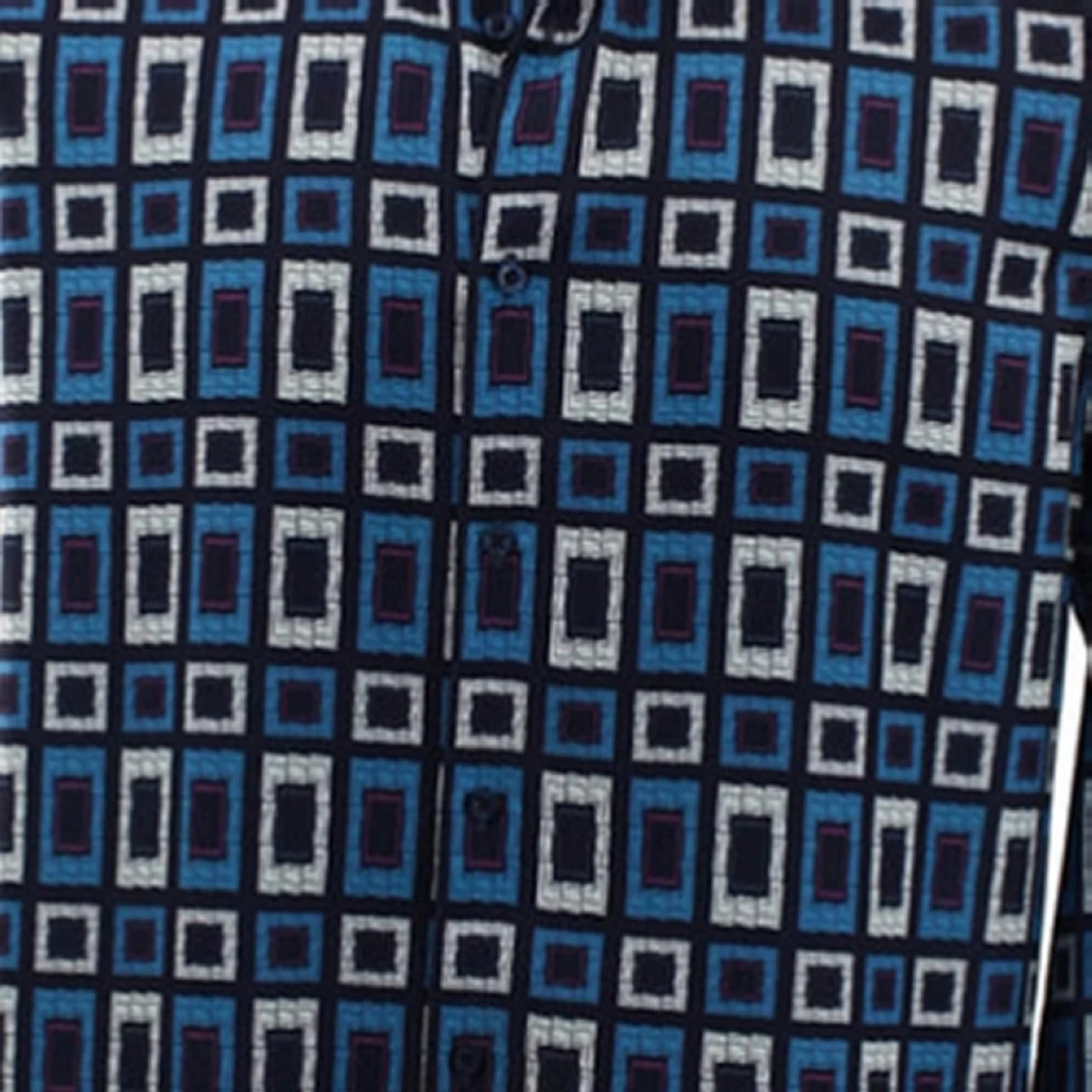 Bassiri Long Sleeve Camp Shirt - Turquoise & Navy Rectangle Design 2 Bassiri Long Sleeve Camp Shirt - Turquoise & Navy Rectangle Design - Image 2