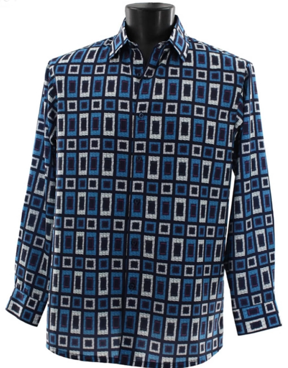 Bassiri Long Sleeve Camp Shirt - Turquoise & Navy Rectangle Design 1 Bassiri Long Sleeve Camp Shirt - Turquoise & Navy Rectangle Design